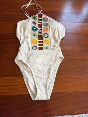 Isabella rose Crochet-Trim Cream One-Piece Swimsuit